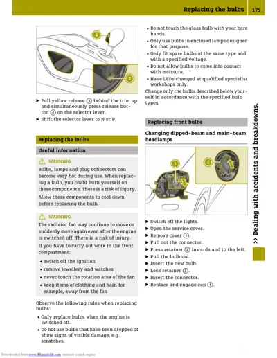 Headlight assembly with numbered callouts showing bulb removal and retainer installation steps.