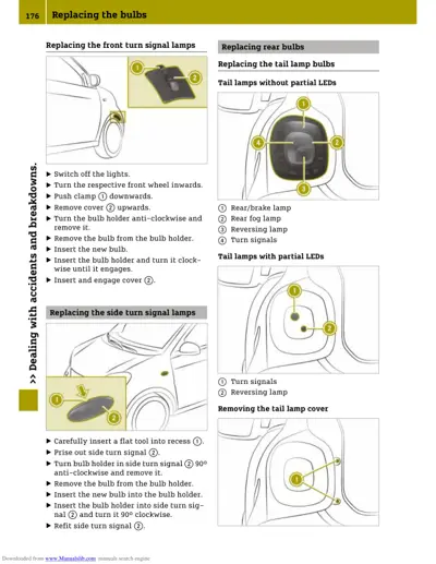 Service manual page showing how to replace front turn signals, side turn signals, and rear tail lamp bulbs with numbered callout diagrams.