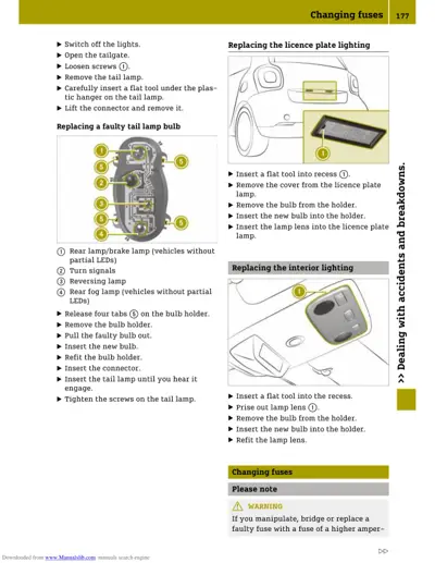 Service manual page showing tail lamp and license plate bulb replacement steps with labeled diagrams.