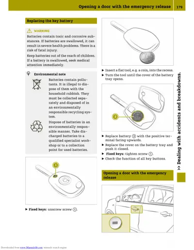 Instructions for replacing key battery and opening door with emergency release lever
