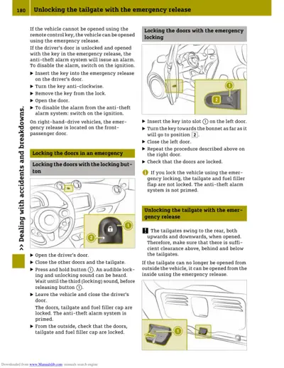 Interior door lock button and tailgate emergency release lever with numbered callout indicators