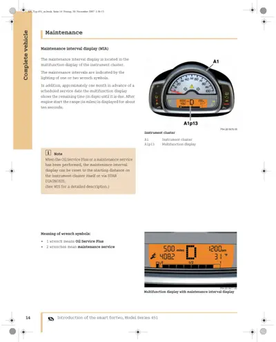 Instrument cluster showing speedometer and orange multifunction display with maintenance interval information.
