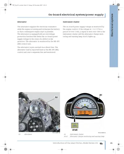 Alternator component and instrument cluster display showing charge monitoring and warning lamp systems.