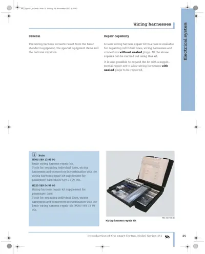 Text page explaining wiring harness variants, repair procedures, and photo of wiring harness repair kit in case.
