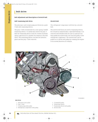 Engine belt drive diagram with eight numbered callouts identifying pulleys and belt components