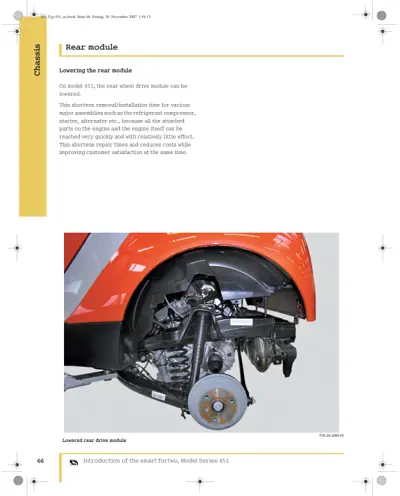Lowered rear module of smart fortwo 451 with engine and drivetrain exposed under red body panel.