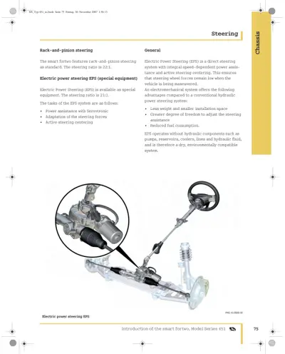 Steering section showing EPS system components, steering wheel, and rack assembly cutaway diagram.