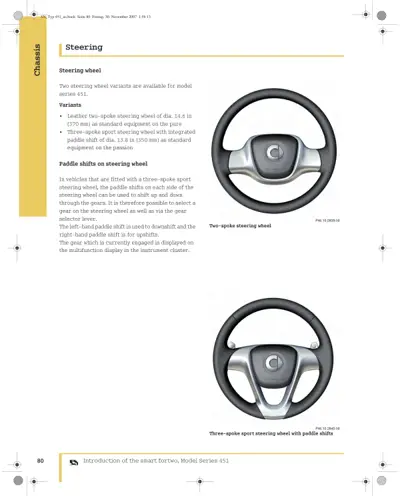 Two steering wheel designs for smart fortwo model 451 with specifications and paddle shift operation details.