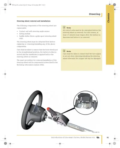 Steering wheel assembly with paddle shifts and airbag module detail callout, smart fortwo 451.
