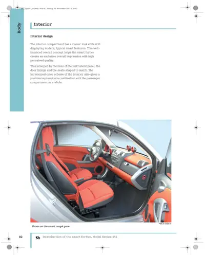 Smart fortwo 451 interior showing red seats, dashboard, and cabin from driver side view.
