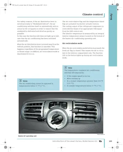 Text and photo explaining climate control functions and heater/AC unit dashboard controls.