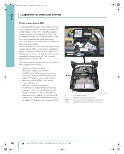 Diagram of seat cushion frame with silicone oil-filled mat and WSS pressure sensor, plus overhead view of seat frame components.