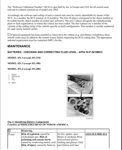 Battery maintenance procedure with labeled components and hazard warnings for Smart Fortwo 451
