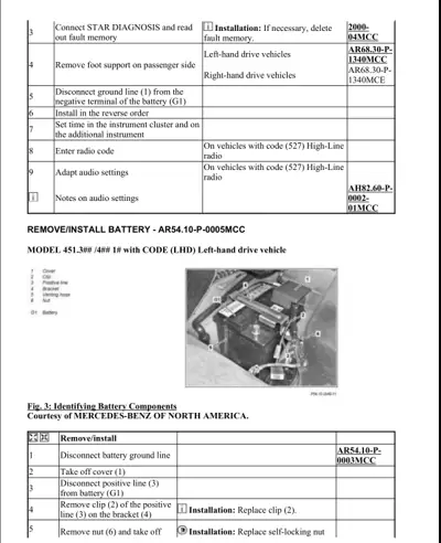 Technical diagram showing battery components and removal steps for left-hand drive vehicle