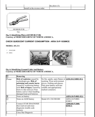 Pliers tool, dashboard interior view, and engine bay battery component with text instructions for electrical diagnostic testing.