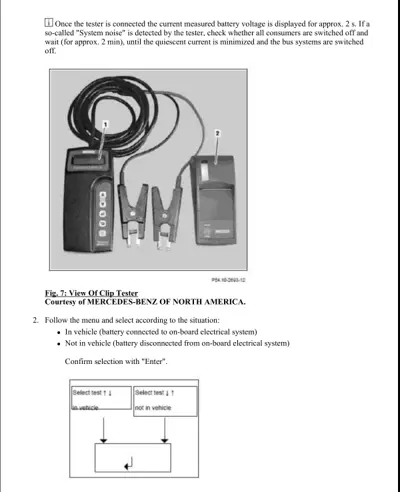 Diagnostic tester device with coiled cable, clip connectors, and menu screen showing test selection options.