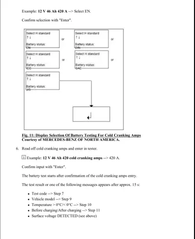 Flowchart showing battery test menu options and cold cranking amp test results interpretation.