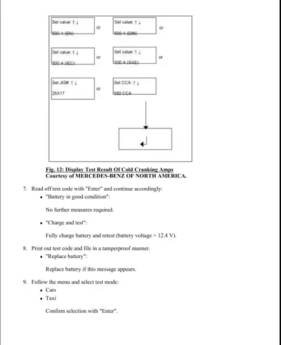 Display test result flowchart showing battery standard selection and diagnostic outcomes.