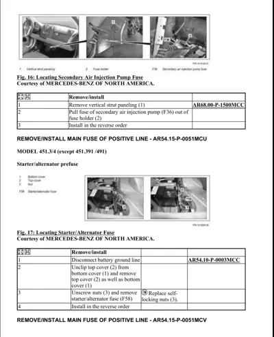 Three vehicle interior photos showing fuse locations, plus service procedure tables with numbered steps.