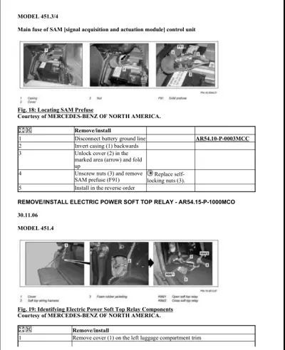 Three photographs showing SAM prefuse location and soft top relay components with numbered callouts and removal steps.