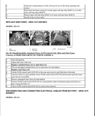 Technical service procedures showing soft top relay access, SAM fuse box locations, and battery cable disconnection.