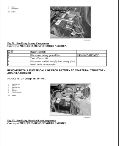 Two technical diagrams showing battery location and electrical line connections with numbered callouts.