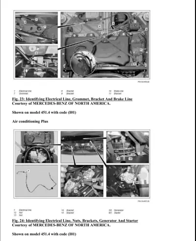 Two service procedure diagrams showing engine compartment component identification with numbered callouts.