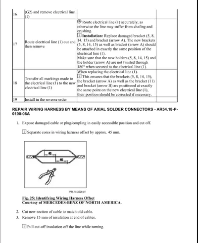 Service procedure table and diagram showing wiring harness offset measurement and solder connector repair steps.
