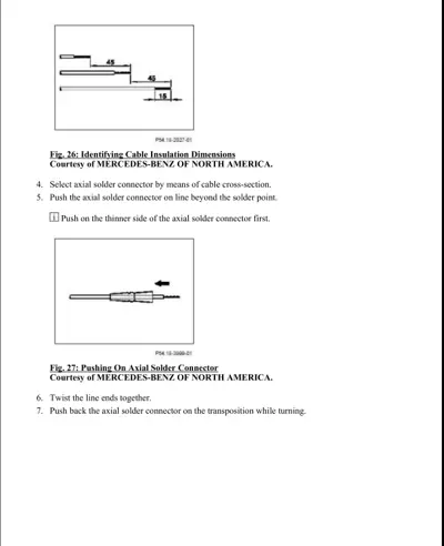 Technical diagrams showing cable insulation measurements and steps for pushing and twisting axial solder connectors.