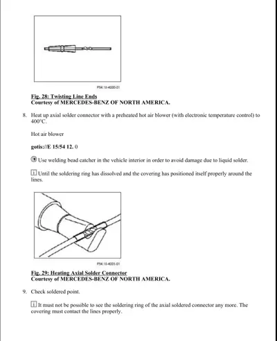 Diagram showing twisting brake line ends and applying heat to solder connector with hot air tool.