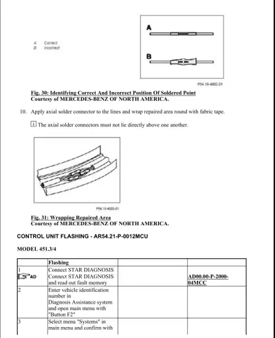 Diagram showing correct and incorrect solder joint positions, plus method for wrapping repaired cable area with fabric tape.