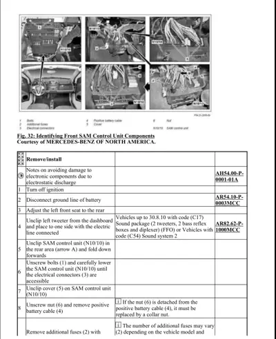 Six black and white photos showing SAM control unit location and wiring, with table listing removal steps.