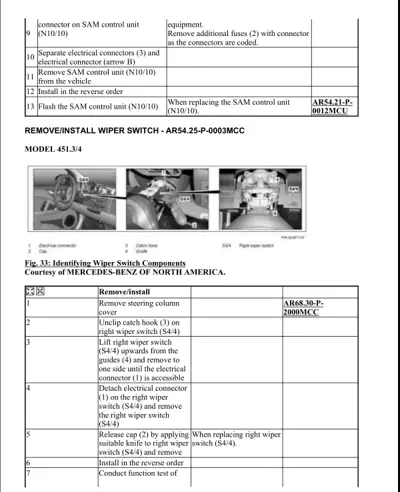 Service procedure table and three photos showing wiper switch location on steering column and removal steps.