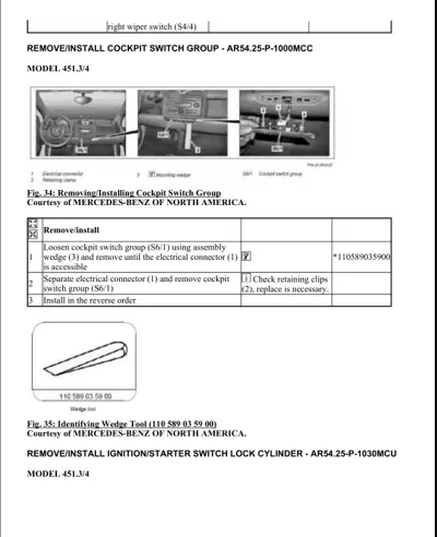 Service procedure showing cockpit switch removal steps and wedge tool diagram for Smart Fortwo 451