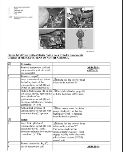 Four photographs showing ignition switch lock cylinder location and transmitter key, with numbered removal and installation steps.