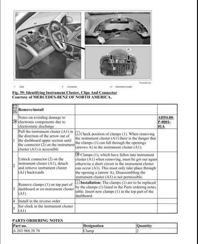 Diagram showing instrument cluster removal steps, clips, and connector locations with service procedure table.