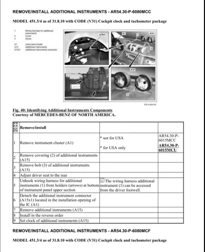Service manual page showing instrument cluster removal steps and component identification photos for Smart Fortwo 451.