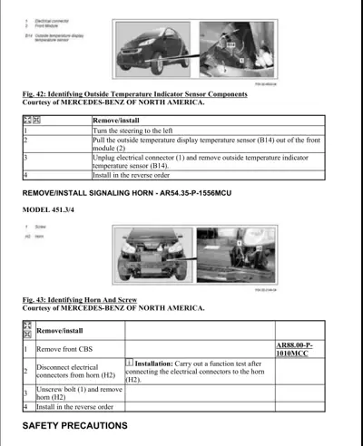 Service procedures for temperature sensor and horn removal with numbered steps and component identification diagrams.