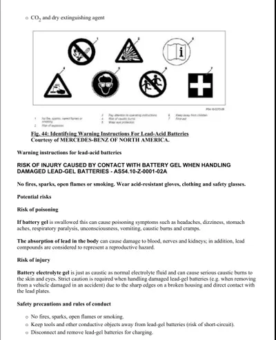 Safety warning symbols and text for lead-acid battery handling including fire, caustic, and poisoning hazards.