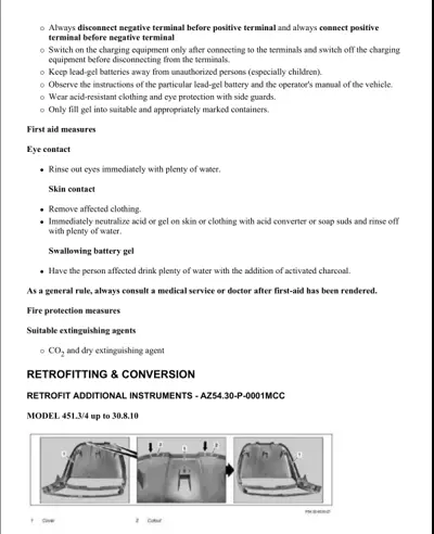 Battery safety warnings, first aid instructions, and dashboard retrofit procedure with three numbered steps showing cover removal and cutout.