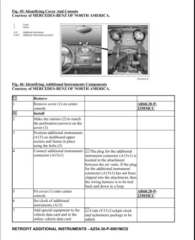 Service manual page showing dashboard cover removal and additional gauge installation procedures with numbered callouts.