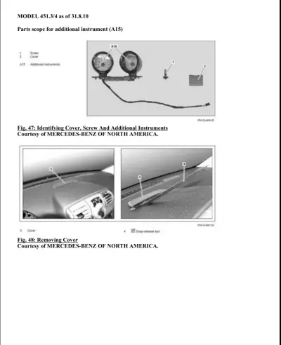 Exploded view and installation photos of additional instrument cluster components for smart fortwo 451.
