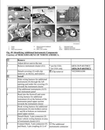 Six black and white photos showing instrument cluster area, steering wheel, and wheel installations with removal and installation steps table below.