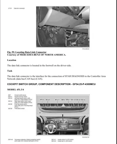 Data link connector in footwell and cockpit switch group diagram with numbered callouts.