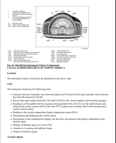 Instrument cluster diagram showing speedometer, warning lamps, and indicator lights with labeled callout points.