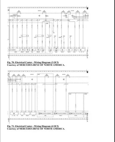 Complex wiring diagram with relays, connectors, and circuit lines for vehicle electrical system.