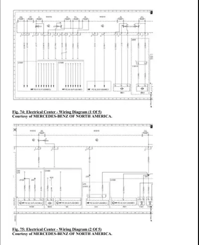 Two-part electrical center wiring schematic with relays, fuses, and module interconnections.