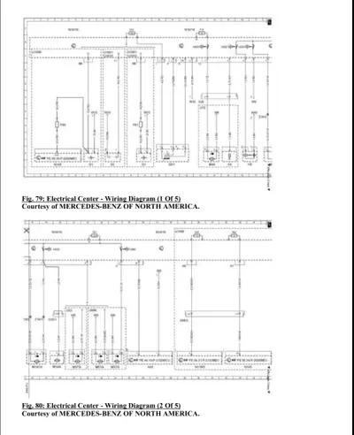 Two-part wiring diagram for electrical center with component connections and circuit paths labeled with reference numbers.