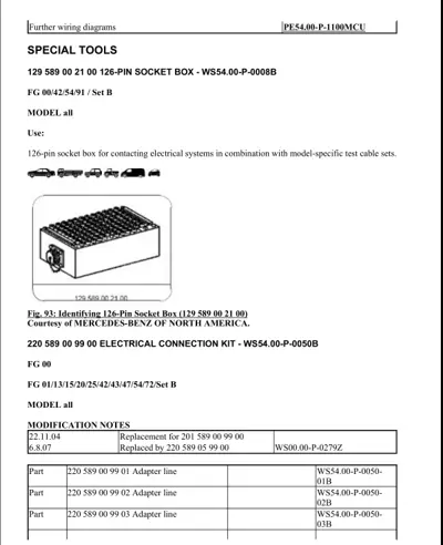 Technical specification page showing 126-pin socket box tool and adapter line parts for electrical testing.