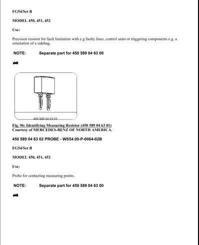 Technical diagram showing resistor component and probe tool with part numbers for smart fortwo models.